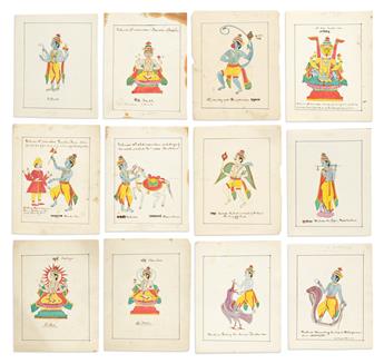 (HINDU DEITIES and DASHAVATARA.) Group of 24 miniature ink and watercolor drawings with Anglicized captions.